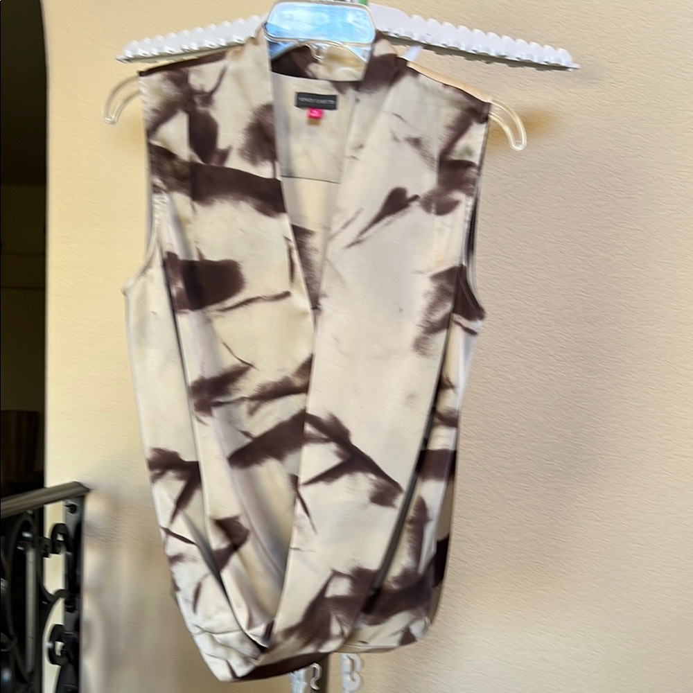 Vince Camuto Cream and Brown Sleeveless Wrap Blouse
